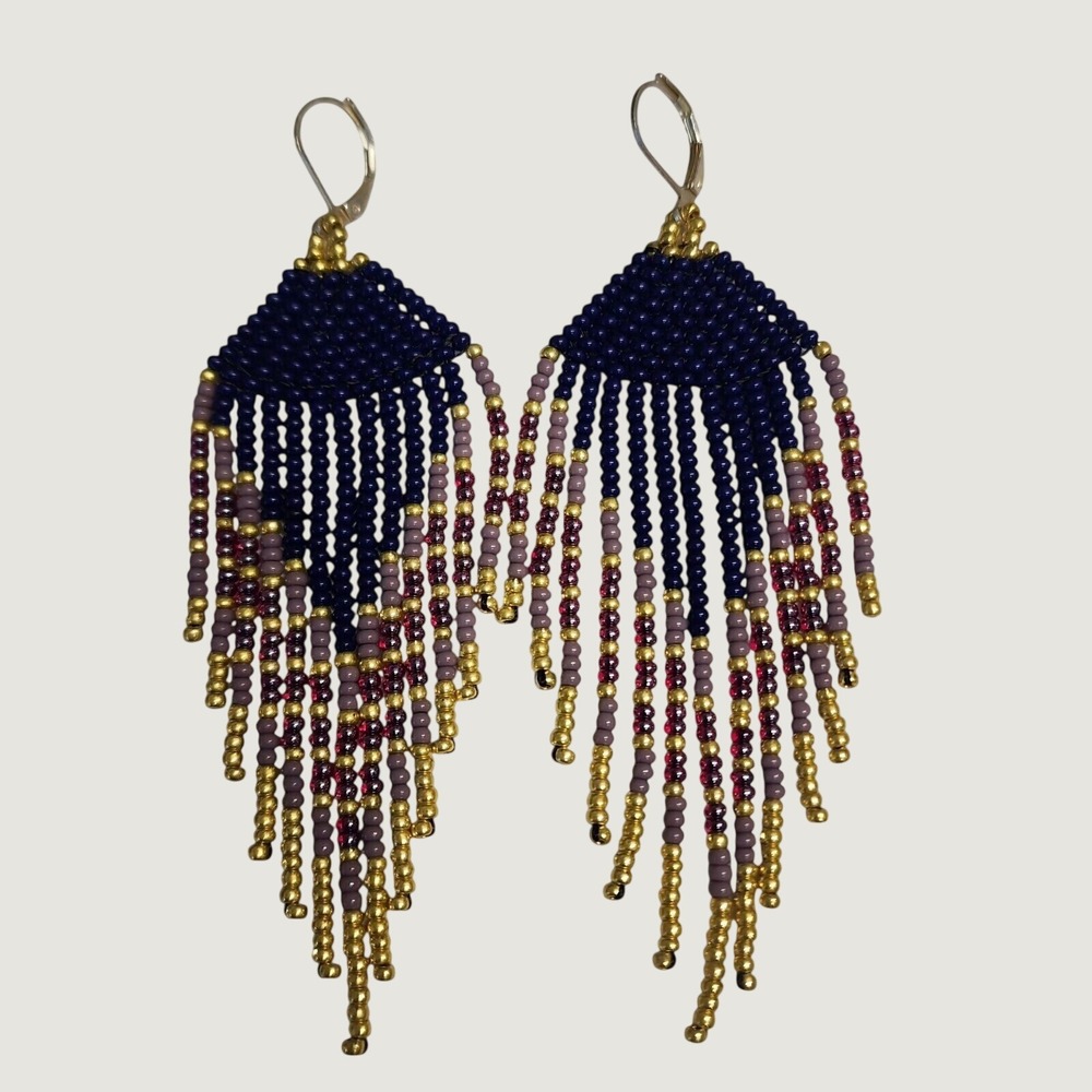 Navy Gold Seed Bead Fringe Earrings Handcrafted Boho Drop.